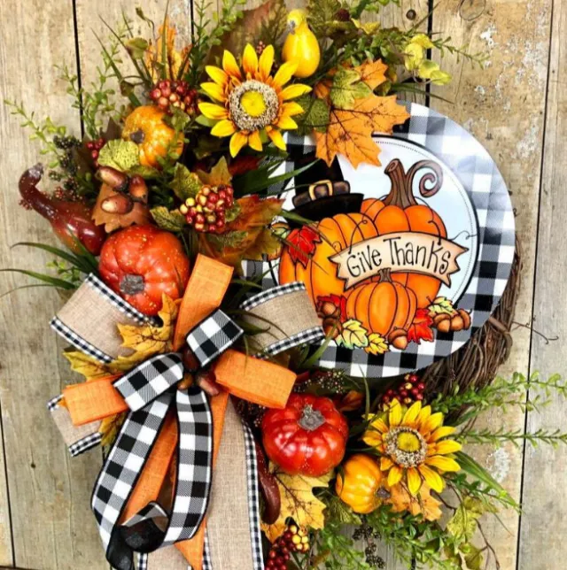 Wooden Sign Decoration Thanksgiving Day Sunflower Autumn Pumpkin Wreath Yellow - Shop at LoveMi