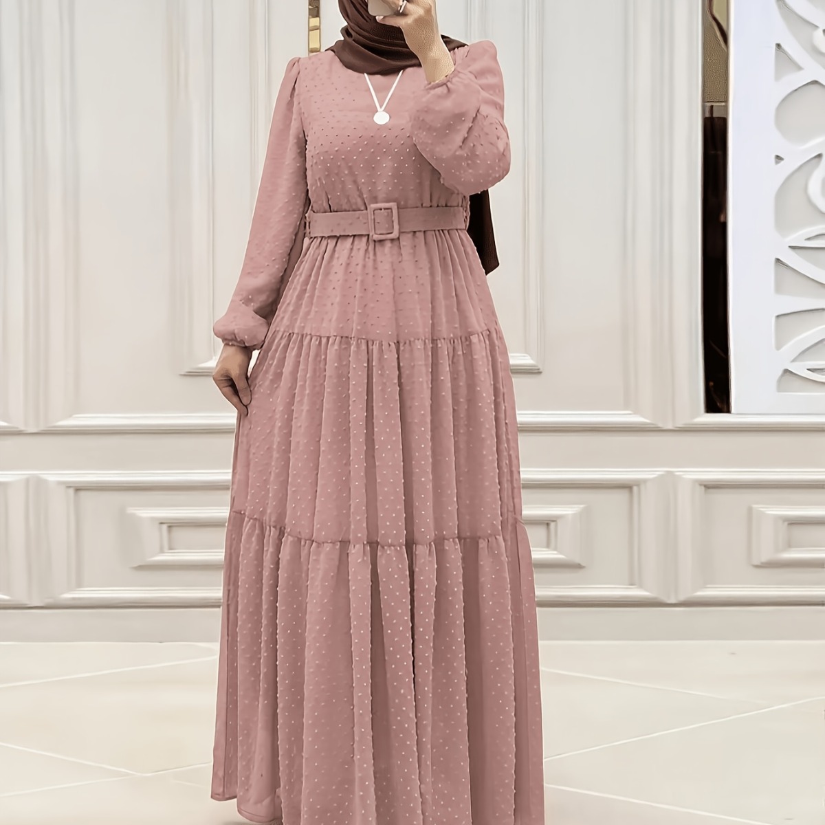 Rochie maxi lungă cu buline, cu mâneci lungi, rochie Abaya cu centură, rochie de petrecere modestă