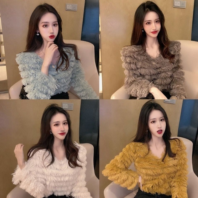 Retro Hong Kong Style V-neck Fringed Blouse Women