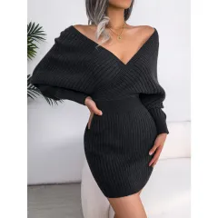 Autumn-Winter Sexy Cross V-neck Bat Skirt With Hip Wrapping, Hairy Dress - Black - View 1