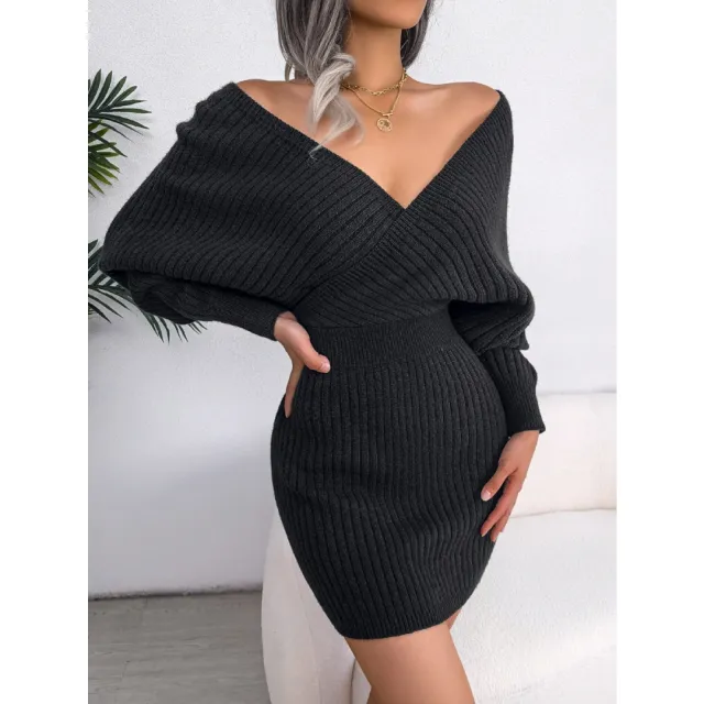 Autumn Winter Sexy Cross V neck Bat Skirt With Hip Wrapping, Hairy Dress Black - Shop at LoveMi