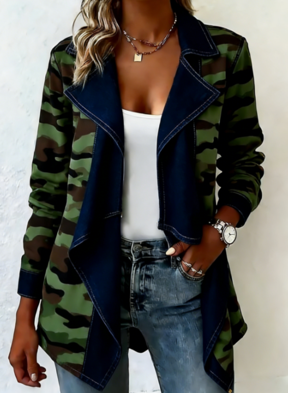 Patchwork Denim Collar Women's Long-sleeved Mid-length Coat