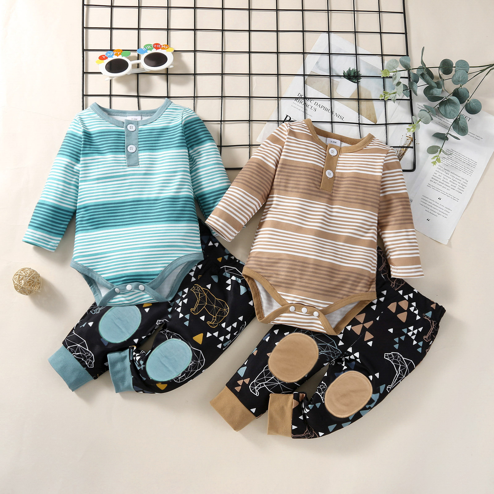 New Children's Long-sleeved Striped Romper Two-piece Suit