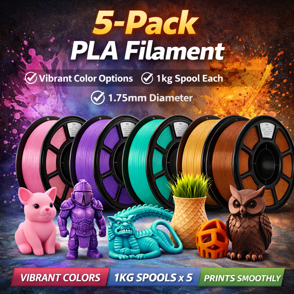 PLA 5 Pack 3D Printer Filament, 1.75mm PLA Filament Bundle, 5 Rolls Set For FDM 3D Printers, Smooth Printing, Low Warping, Easy To Print, Multi Color Filament For DIY, Prototyping, Model Making & Crea