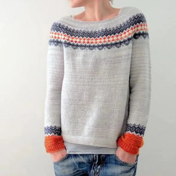 Round Neck Color Contrast Loose Fashion Pullover Light Grey - Shop at LoveMi