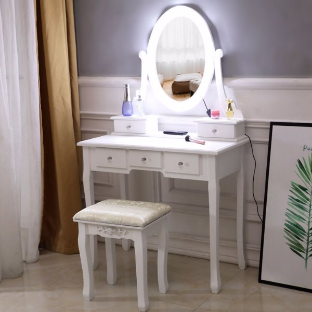 With Light Bulb Single Mirror 5 Drawer Dressing Table White