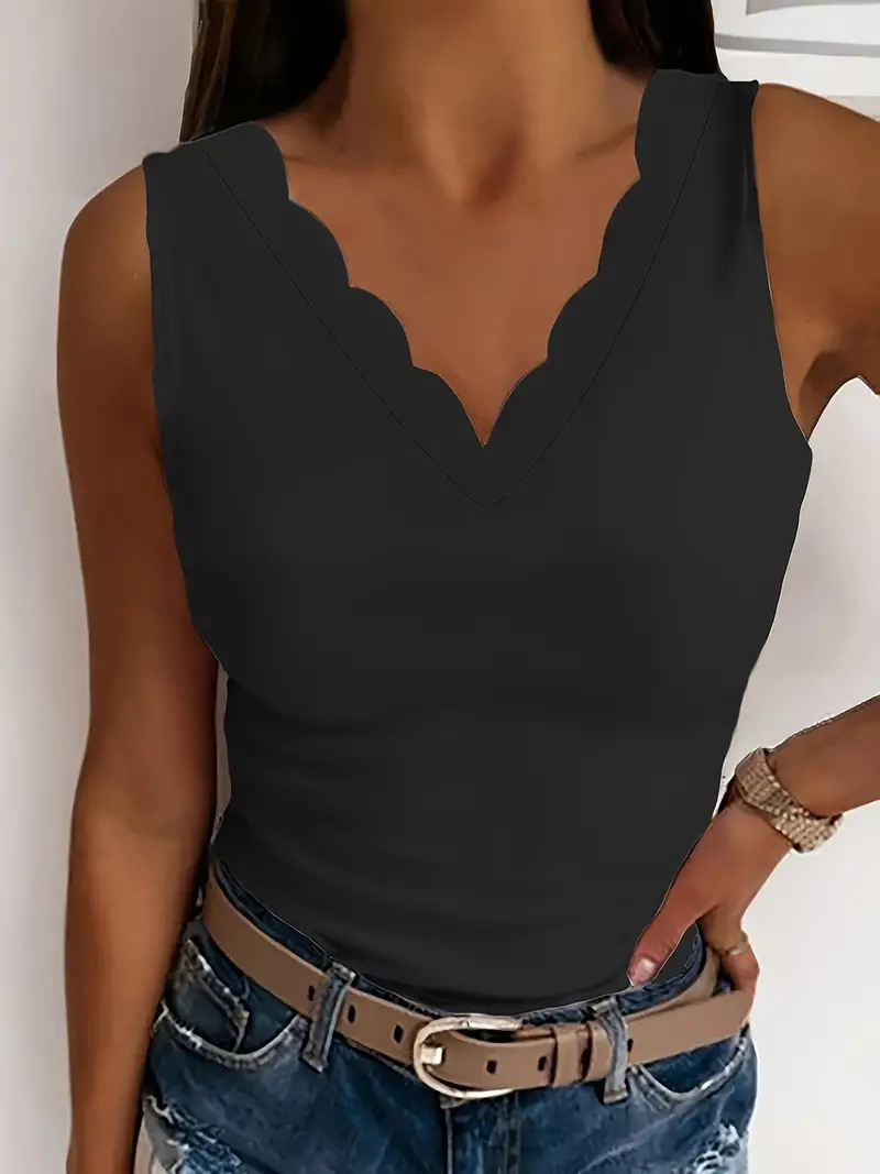 2026 New Spring Summer Cross-Border Fashion For Amazon & Independent Sites, Plus Size Casual Solid Color Scallop Edge V-Neck Camisole