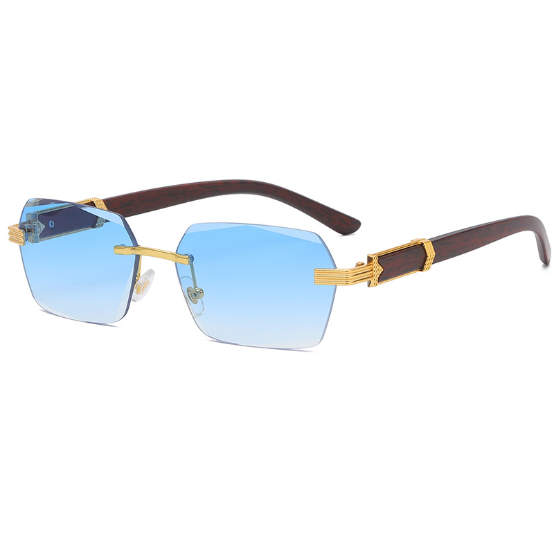 Irregular Metal Sunglasses With Wood Grain Temples