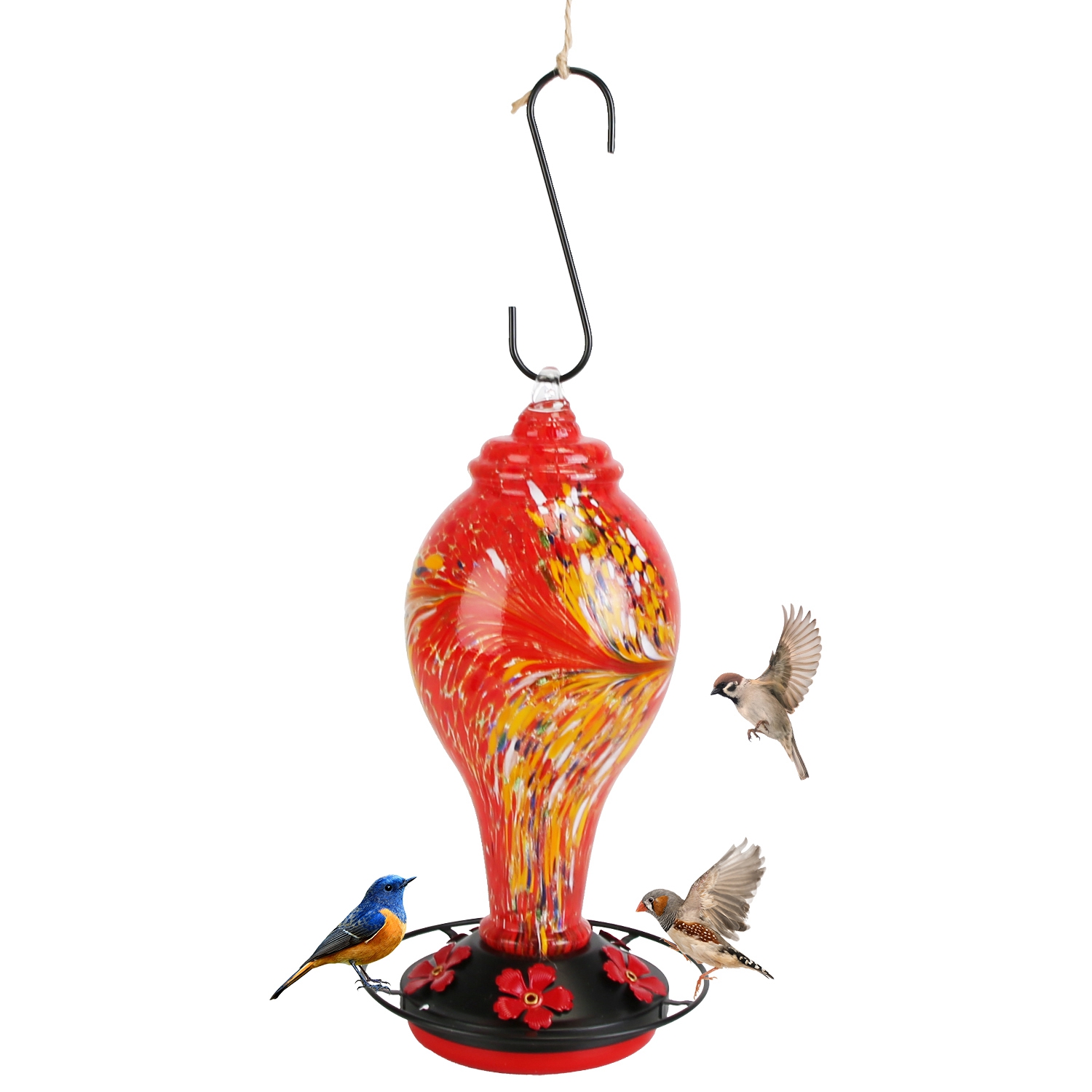 Glass Hummingbird Feeder 33OZ Hand Blown Hummingbird Feeder With 5 Flower Feeding Port Perch Ant Moat Hanging Hook S Hook Hemp Rope Cleaning Brush ... Red - Shop at LoveMi