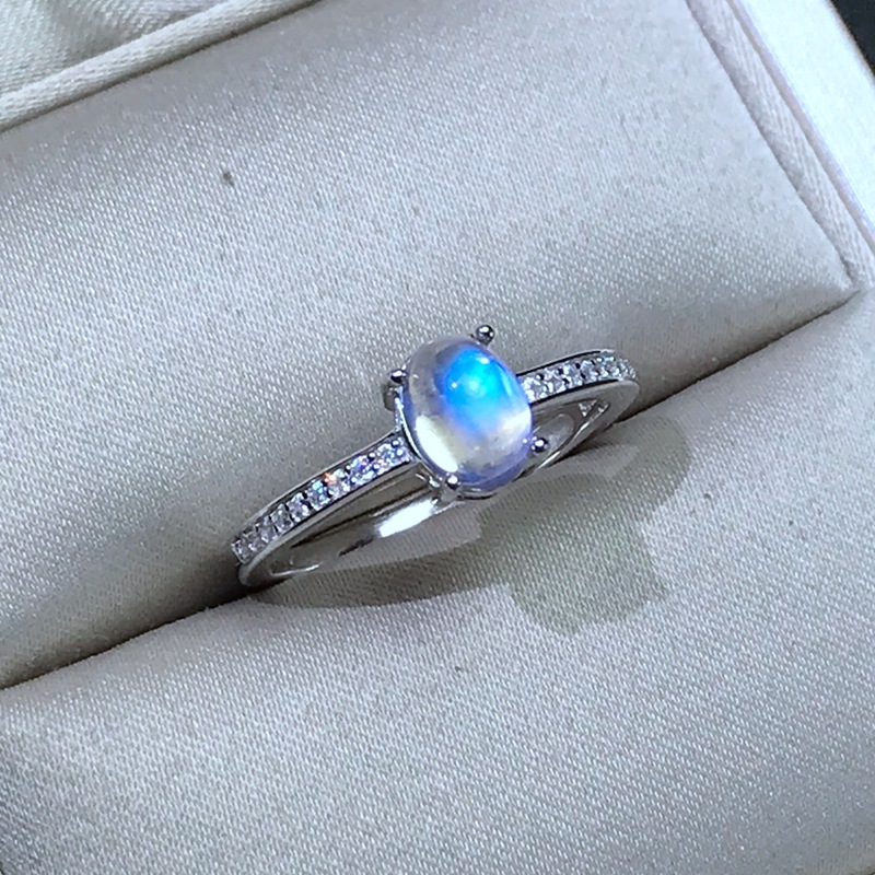Natural Blue Moonstone Ring 925 Silver Inlaid Simple Style