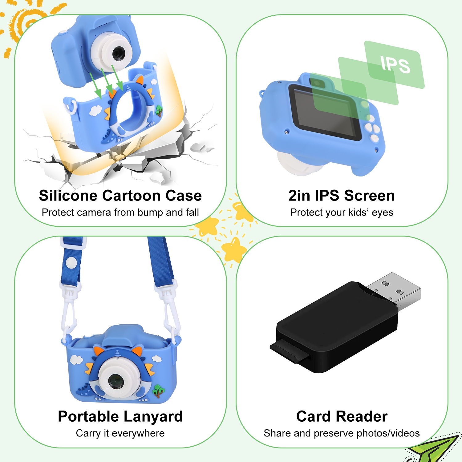 Pink-Blue Options -- 1Pc Dinosaur Kids Selfie Camera Cartoon Camera 48MP 1080P HD Digital Camera With Cartoon Case Card Reader 32G MMC Card For Boys Girls Above Aged 6 Years Old