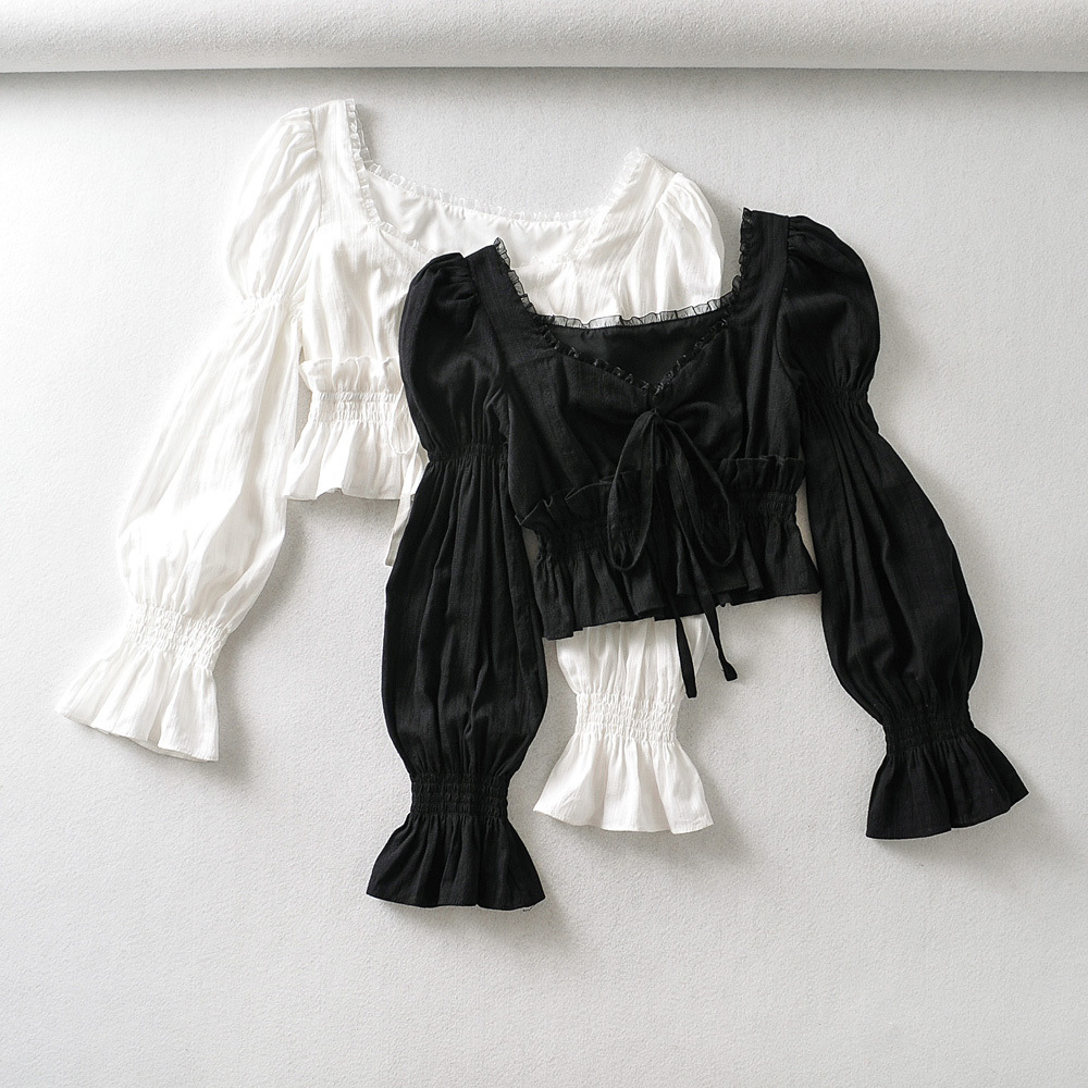 New Style Square Collar Lace Lantern Sleeve Short Shirt