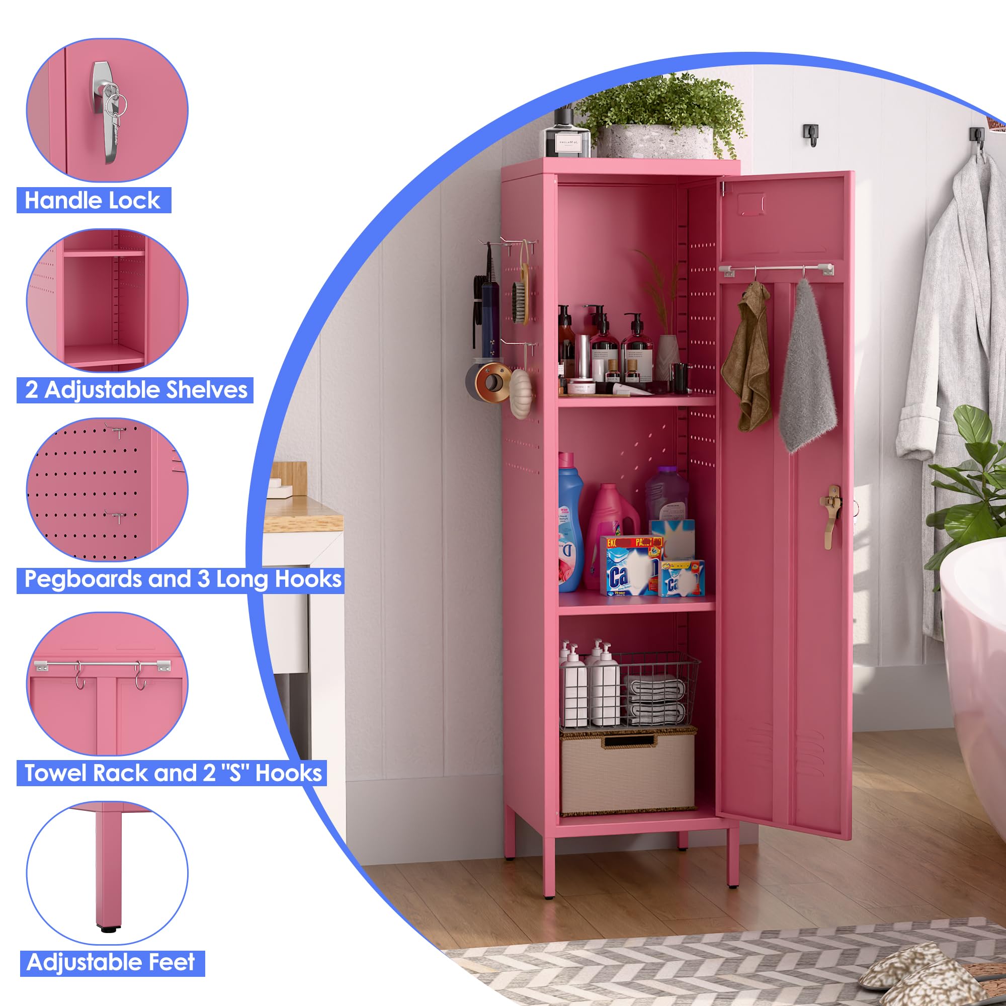 SUPEER Lockable Metal Lockers With Handle And Keys,Metal Storage Locker With 2 Pegboard & 5 Hooks For Home,Office,School,54.45inch H X 15inch W X 15inch,Pink,Required Assembly — foto 5