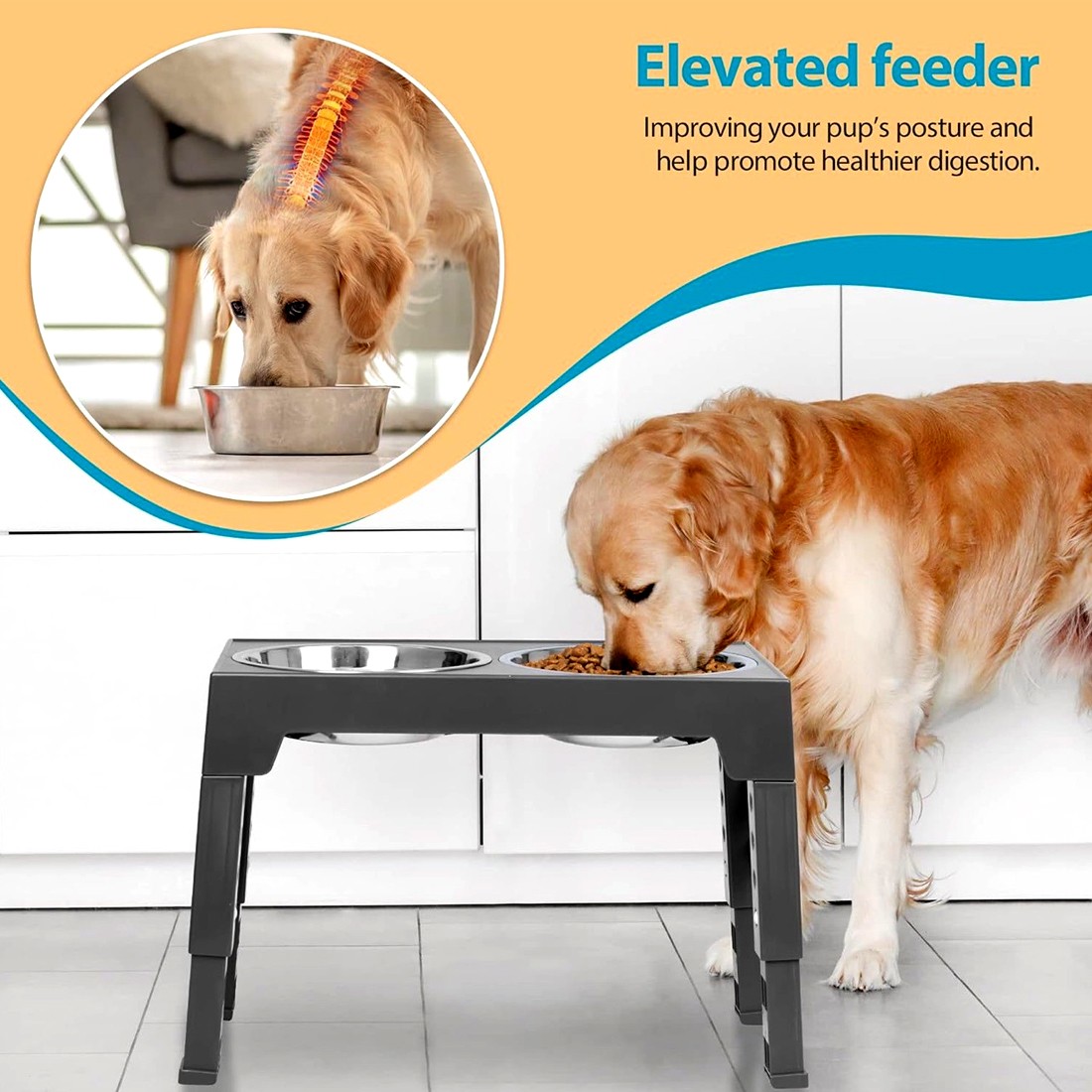 Large Dog Food Feeding Stand Station Stainless Steel Double Raised Bowls Feeding