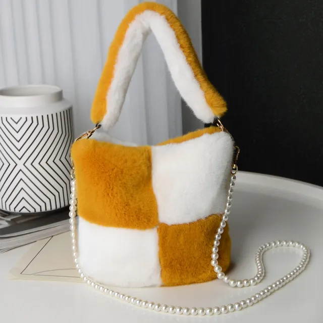 Checkerboard Plush Bucket Bag With Pearl Chain Design Winter Fashion Luxury Handbags For Women Personalized Shopping Shoulder Bags Yellow - Shop at LoveMi