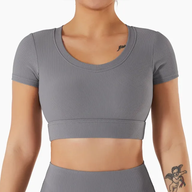 Yoga Clothes Short sleeved Umbilical Running Sports Top Women's Quick drying Nude Fitness Short sleeved T shirt Grey - Shop at LoveMi