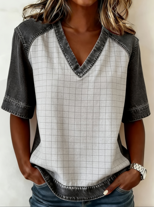 T-shirt Femme à Manches Raglan et Col en V, Blocs de Couleurs, Coupe Ample, Manches Courtes Décontracté et Polyvalent.