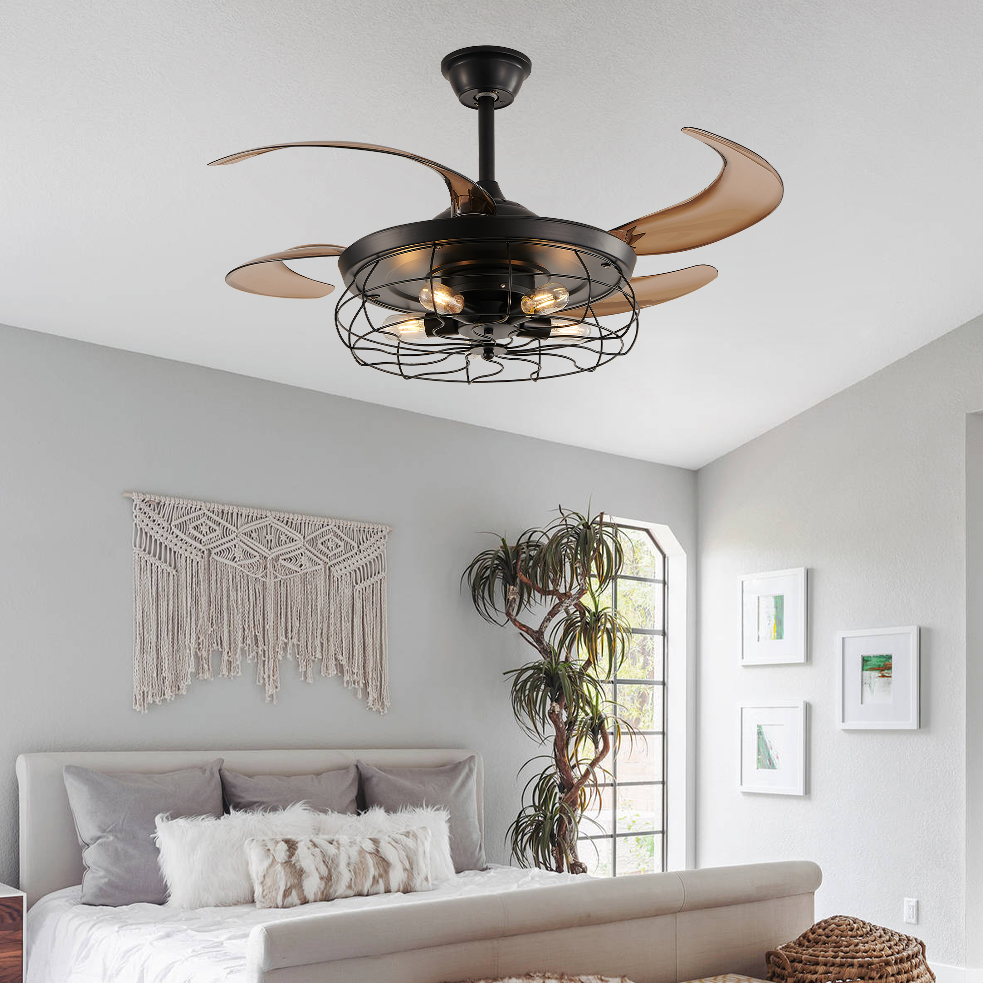 48  Black Remote Control Ceiling Fan Light   Industrial 4-Blade Fan With Cage Design And Adjustable Speed For Living Room, Bedroom, Or Office  Silent 6-Speed Reversible DC Motor Bulb Not Included