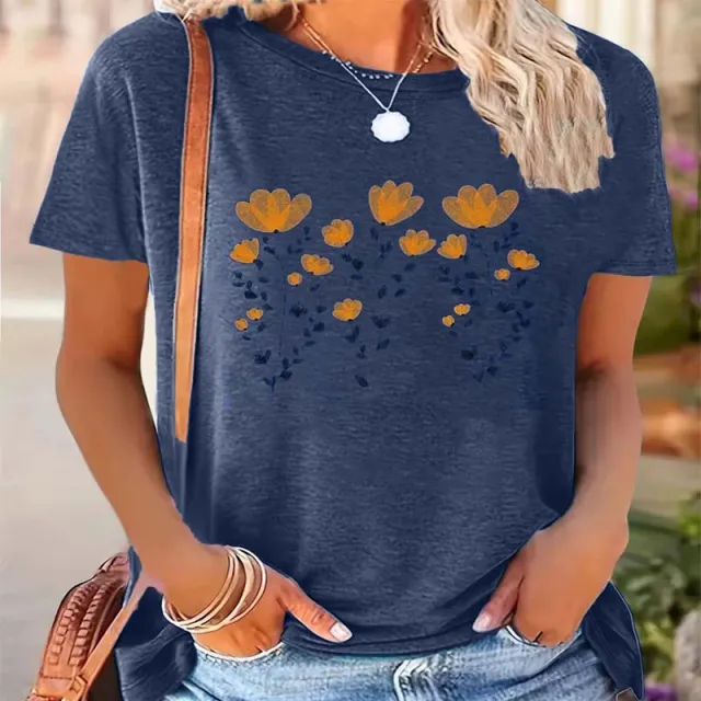 Women's Yellow Floral Print Short Sleeve Tee Summer Round Neck Casual Top Blue - Shop at LoveMi