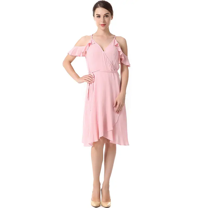 Solid Color Wrap Dress With Sling Straps And Ruffles