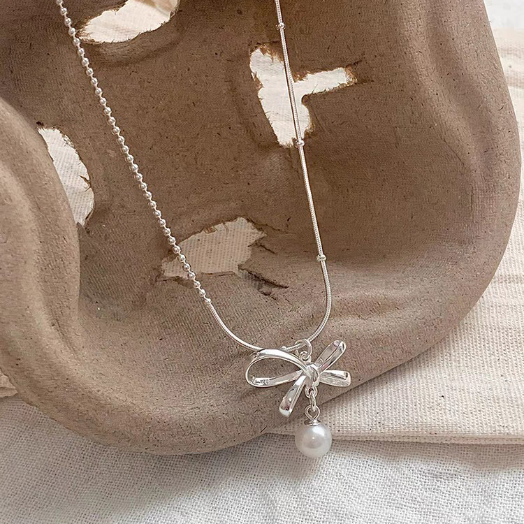 1pc 999 Sterling Silver Hollow Bow Pearl Pendant Necklace, Delicate Minimalist Style, Perfect For Daily Wear & Valentine's Gifts