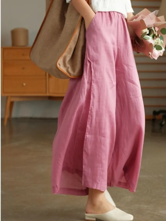 High quality Leisure Hemp Hemp Wide Leg Pants For Women Nine Points Pink - Shop at LoveMi