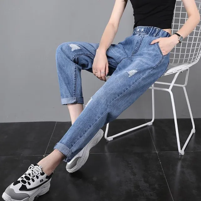 Thin Elastic High Waist Ripped Nine point Radish Harem Pants Light Blue - Shop at LoveMi