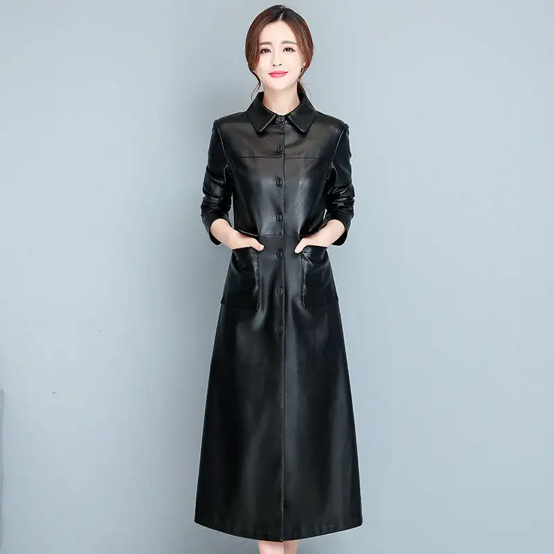 Ladies Fashion Thin Leather Trench Coat