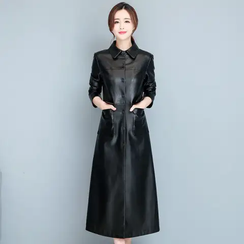 Ladies Fashion Thin Leather Trench Coat