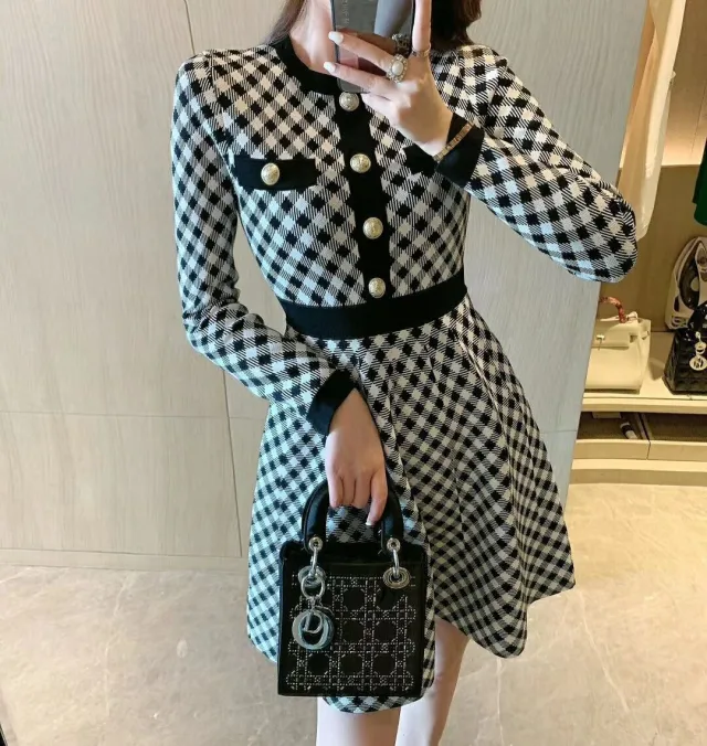 Thousand Bird Pattern Waist Shrinking Slim Knitted Dress Girl Black - Shop at LoveMi