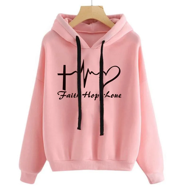 Heart Print Hoodie Sweatshirt Pullover Tops Women Long Sleeve Sports Clothes - Pink