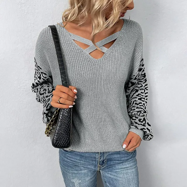 Lace Up Splice Leopard Pullover Sweater Women Grey - Shop at LoveMi