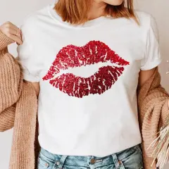 Fashion Printing Creative Colour Lip Print Short Sleeve - 14White - View 1