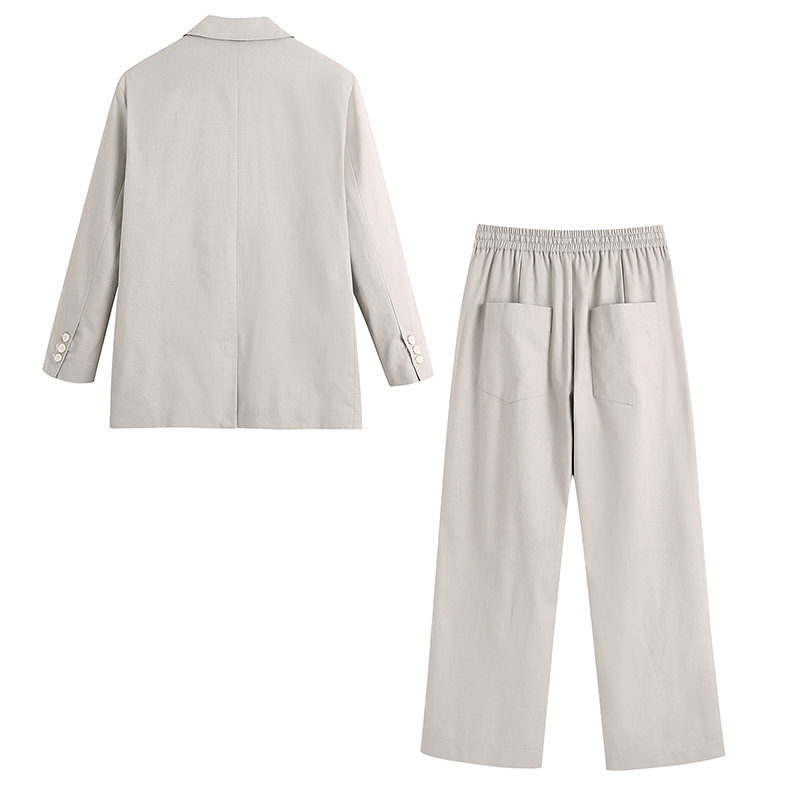 One Button Beige Wide Leg Pants Casual Suit