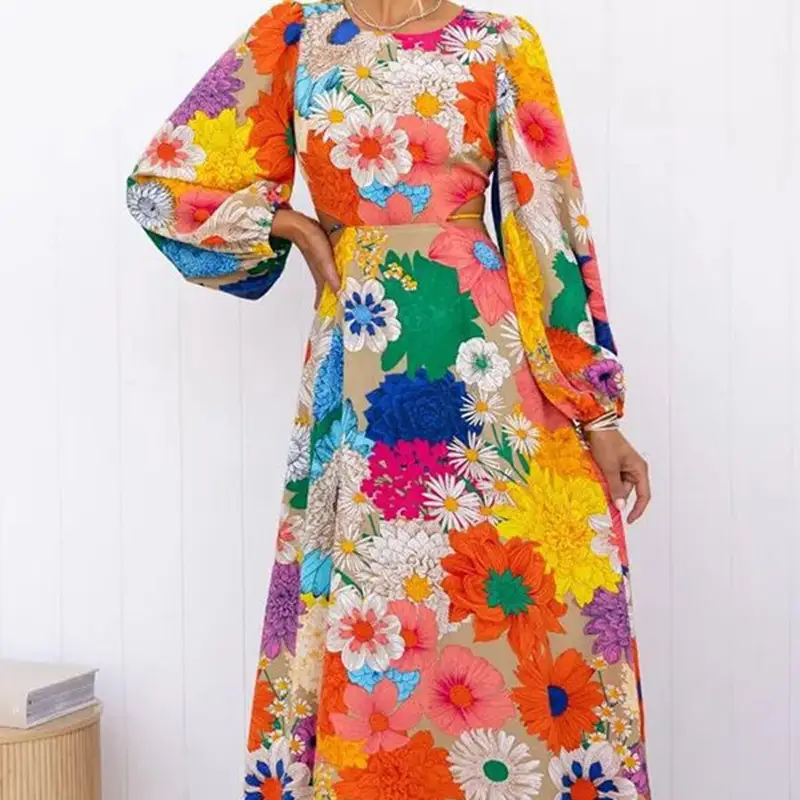 Long Sleeve Dopamine Print Lace-up Midriff Outfit Holiday Dress Women