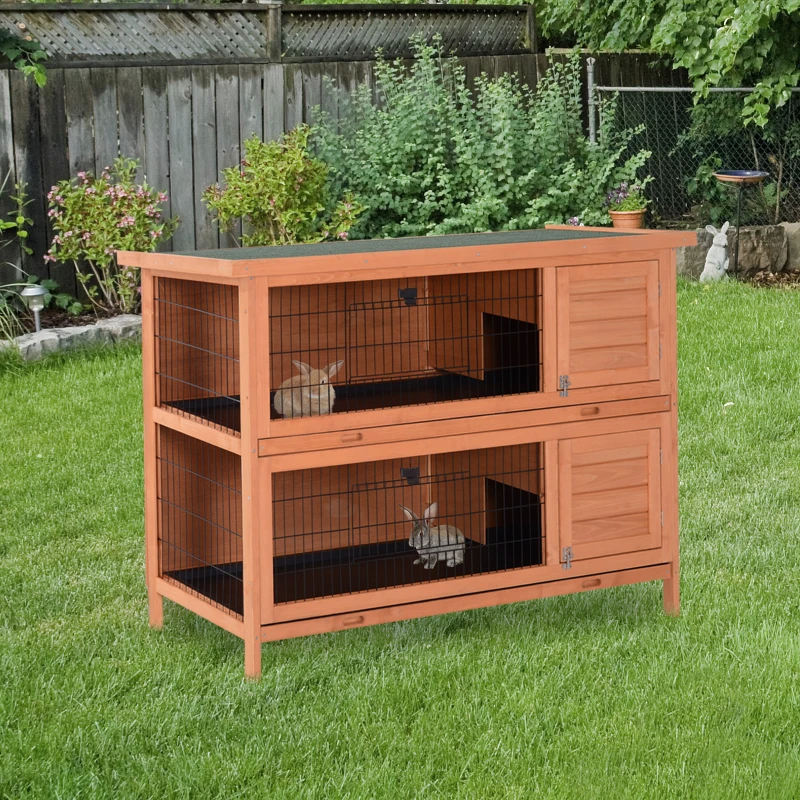 2-Story Large Rabbit Hutch Bunny Cage Wooden Pet House Small Animal Habitat With Lockable Doors, No Leak Tray And Waterproof Roof For Rabbits, Chickens, Ducks, Outdoor Indoor Natural
