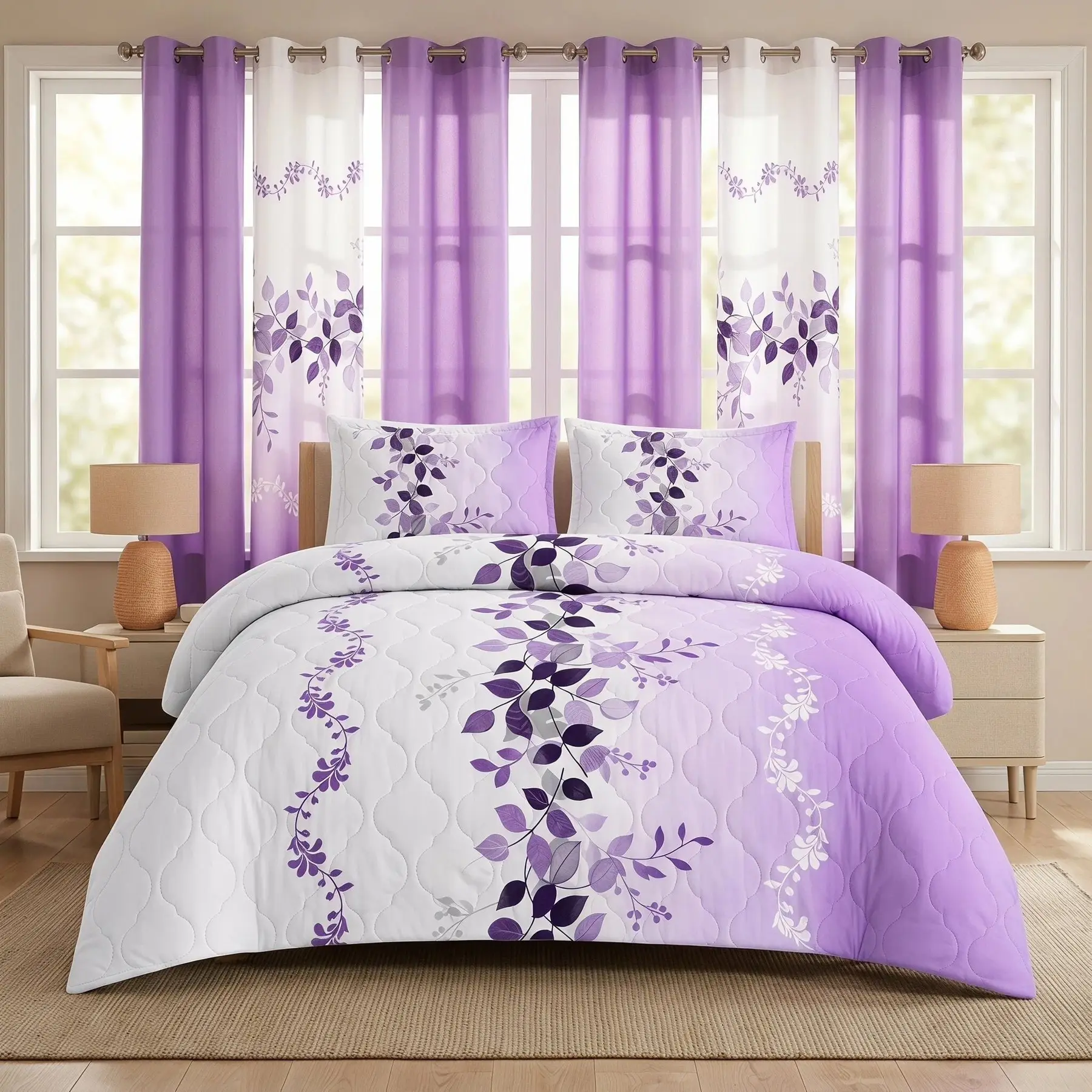 9-Piece Purple Floral Quilt and Curtain Set