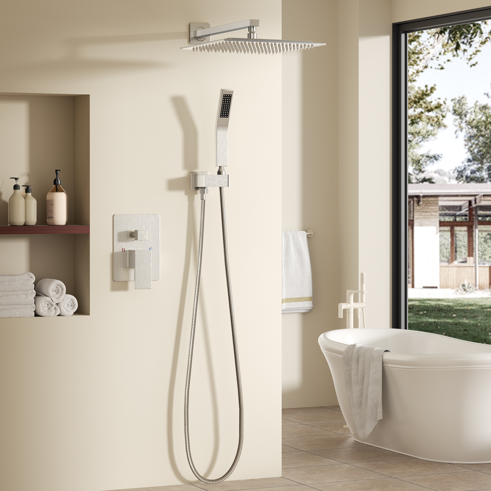 Wall-mounted Shower Faucet Set - 10-inch Square Overhead Spray - Handheld Shower Head With Pressure Balance And Temperature Control Valve image 9