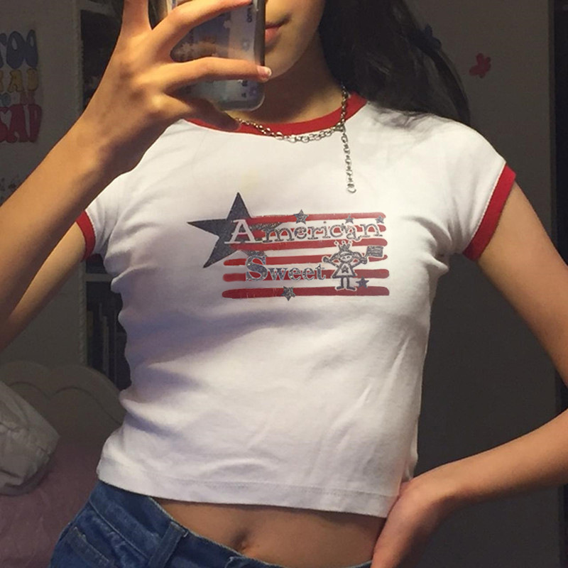 American Knitted Letter Print Short Sleeve T-Shirt