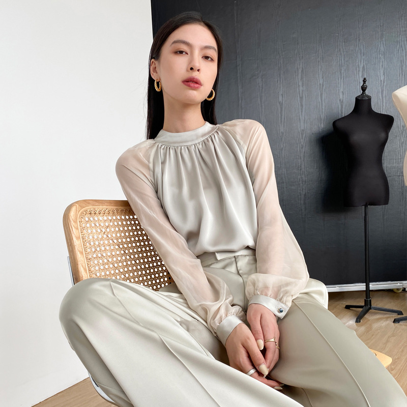 Long Sleeve Blouse Sheer Sleeve Halter Shirt Women's