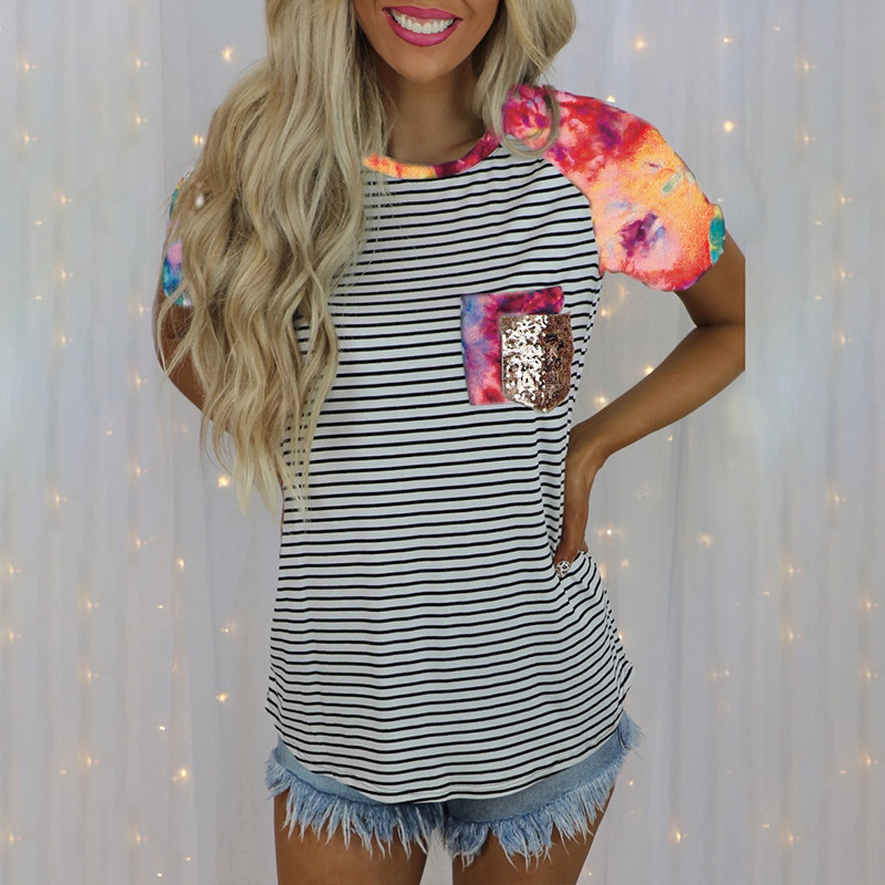 Stitching Round Neck Short-Sleeved Pocket Casual T-Shirt Women