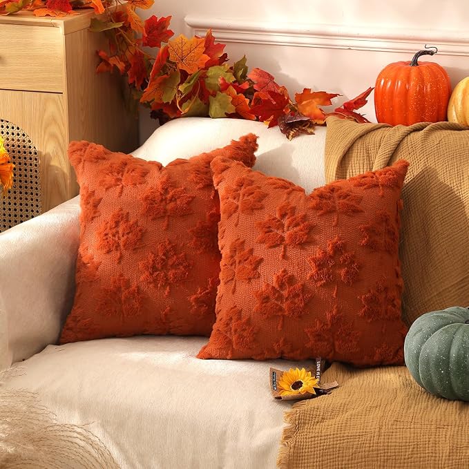 2-Piece Fall Pillow Covers, 18x18 Inch Maple Leaf Thanksgiving Decorative Cushion Covers
