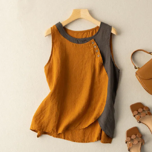 Hemp Color Matching Vest Button Decoration Color Contrast Art Retro Orange Grey - Shop at LoveMi