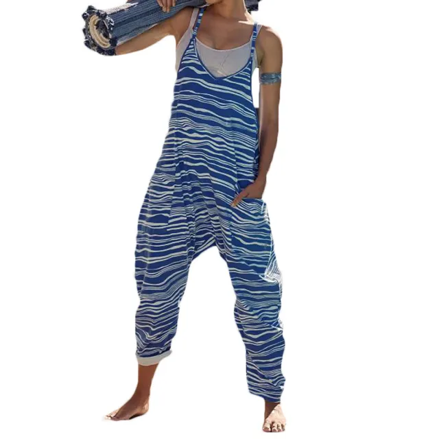 Casual Striped Spaghetti Straps One piece Trousers For Women Sky Blue - Shop at LoveMi
