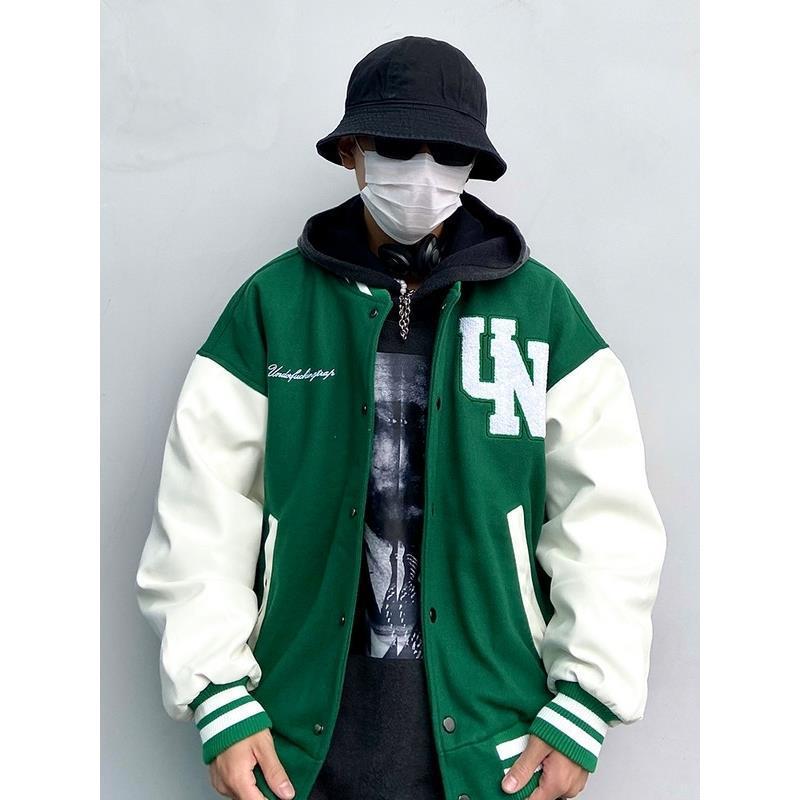 American Retro Contrast Color Baseball Uniform PU Leather Sleeve Jacket
