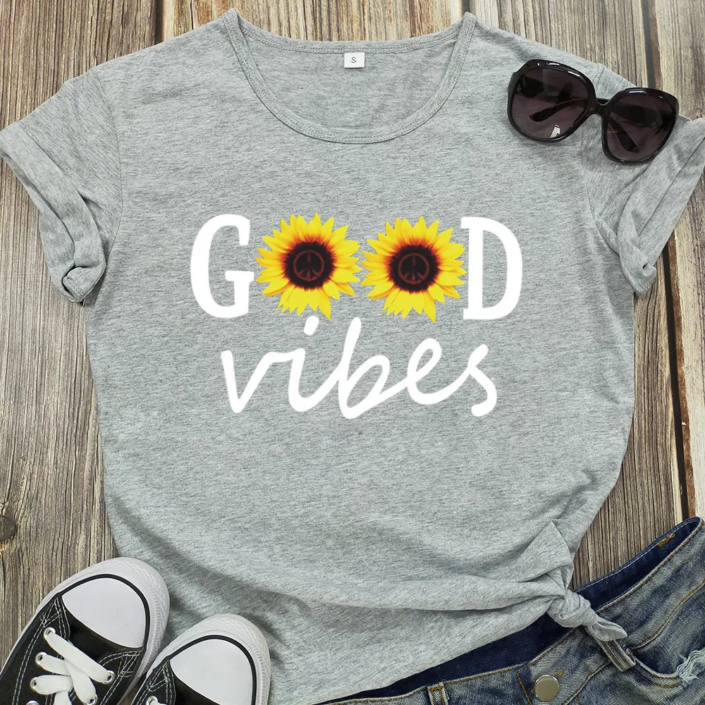Letter Sunflower Print Ladies Short Sleeve O Neck Loose T Shirt Summer Ladies - Light Grey