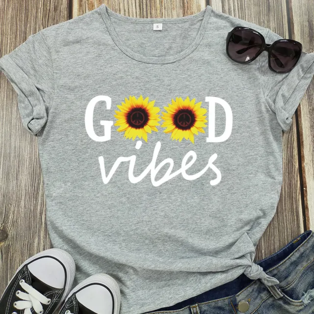 Letter Sunflower Print Ladies Short Sleeve O Neck Loose T Shirt Summer Ladies Light Grey - Shop at LoveMi