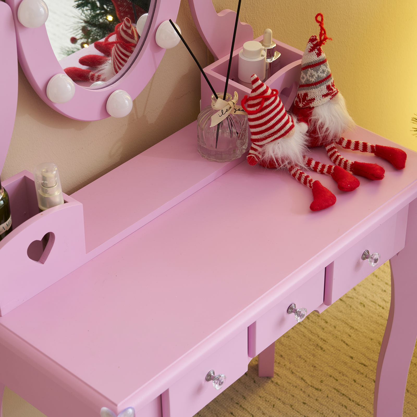 Kids Vanity Set With Mirror And Lights And Stool, 5 Storage Drawers, Pretend Play Princess Makeup Desk Dressing Table And Stool Set For Little Girls Age 3-, Macaroon Purple
