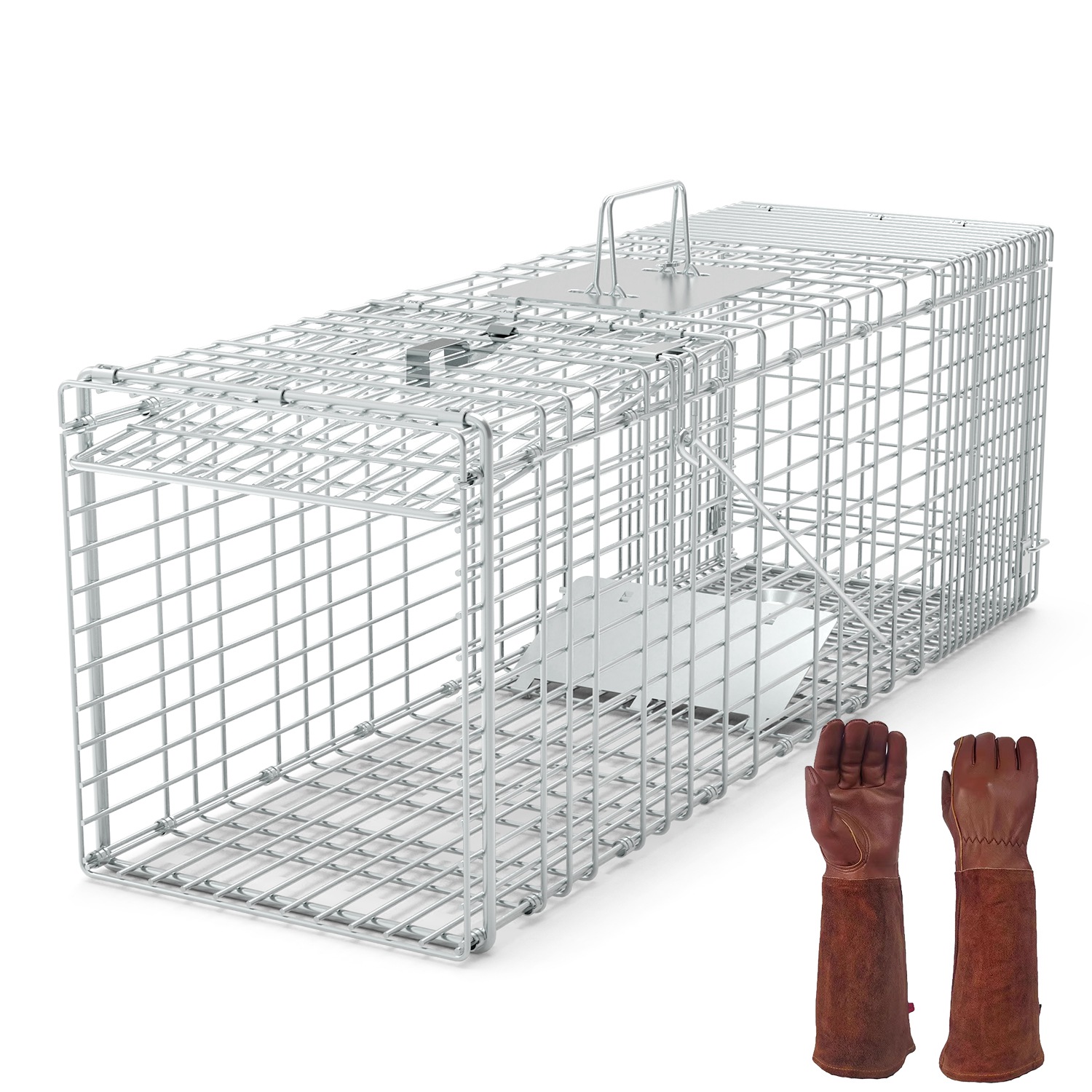 1Pc Humane Cat Trap Cage With Gloves Catch Release Live Animal Rodent Cage Collapsible Galvanized Wire For Raccoons Beavers Groundhogs Foxes Armadillos