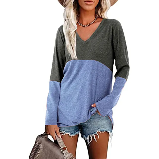 Contrast Panel V Neck Long Sleeve Loose Blouse Sky Blue - Shop at LoveMi